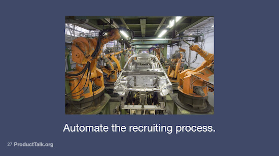 A photo of a factory without any people labeled "Automate the recruiting process."