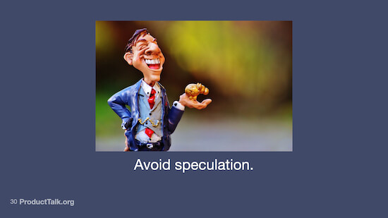 A photo of a figurine that looks like a caricature of an investor holding a piggy bank. The caption says, "Avoid speculation."
