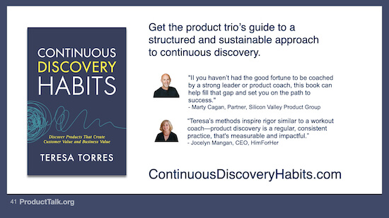 A photo of the Continuous Discovery Habits book along with positive reviews and the text "ContinuousDiscoveryHabits.com."