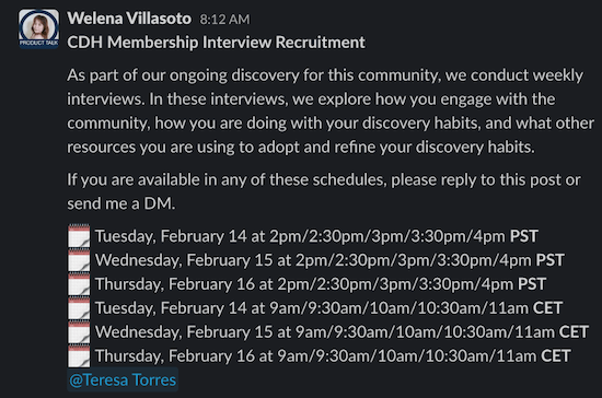 A screenshot of a Slack message from Welena with a list of dates and times to sign up for interviews.
