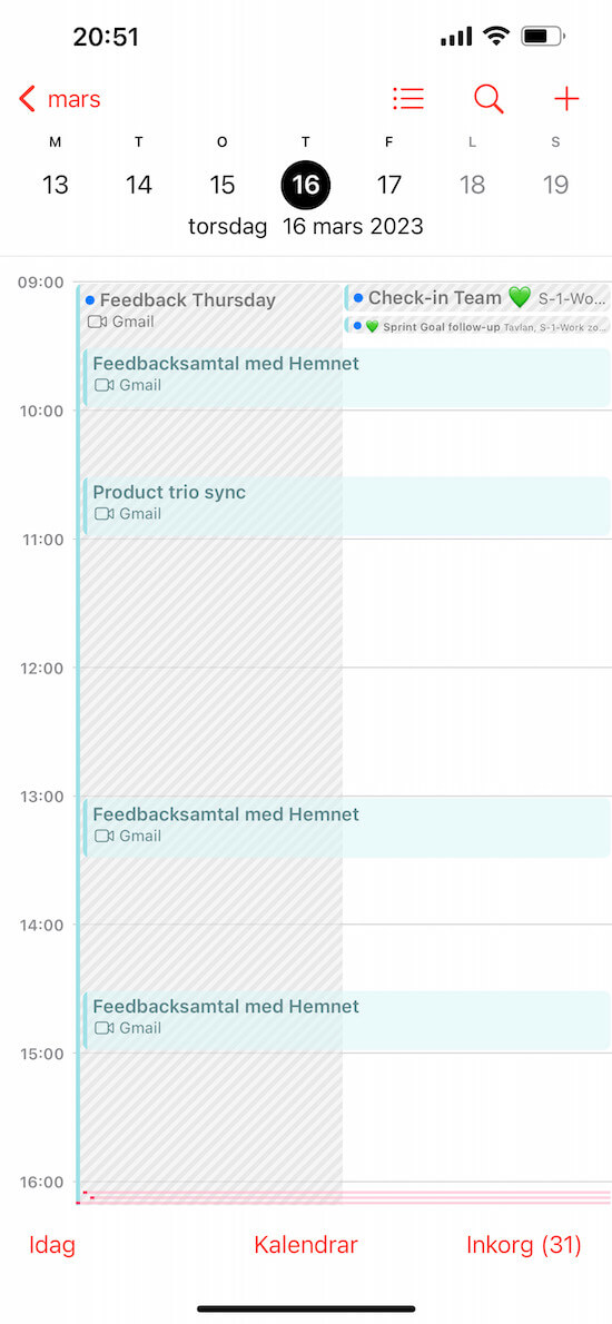 A screenshot of a calendar day labeled "Feedback Thursday." There are several blocks of time scheduled for getting feedback from customers.