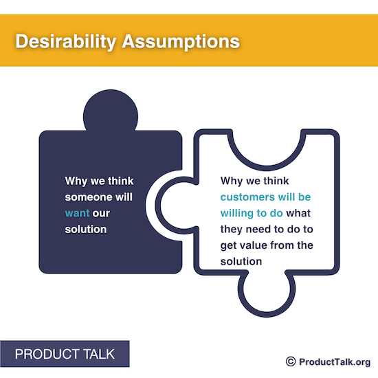 An image labeled "Desirability Assumptions." There are two puzzle pieces that fit together. The text on one reads: "Why we think someone will want our solution" and the text on the other reads: "Why we think customers will be willing to do what they need to do to get value from the solution."