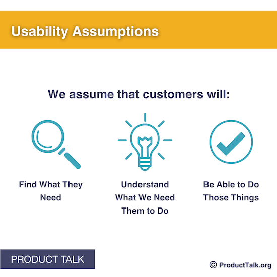 An image labeled "Usability Assumptions." The text reads: We assume that customers will: Find what they need, Understand what we need them to do, Be able to do those things."
