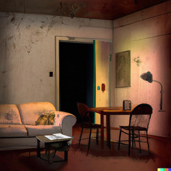 An image of a dimly lit, dirty, cramped apartment.