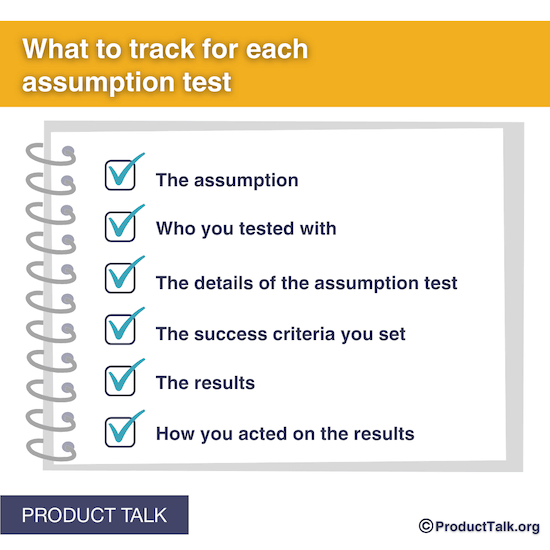 An image labeled "What to Track for Each Assumption Test." On a piece of notebook paper, a checklist contains different items like "the assumption" and "who you tested it with."