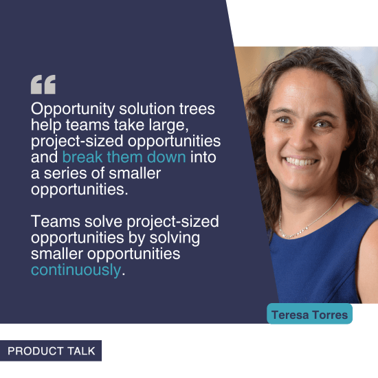 A photograph of Teresa Torres next to the quote, "Opportunity solution trees help teams take large, project-sized opportunities and break them down into a series of smaller opportunities. Teams solve project-sized opportunities by solving smaller opportunities continuously."