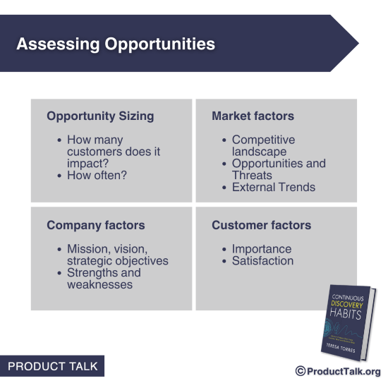 To assess opportunities consider: 1. Opportunity sizing, 2. Market factors, 3. Company factors, and 4. Customer factors.