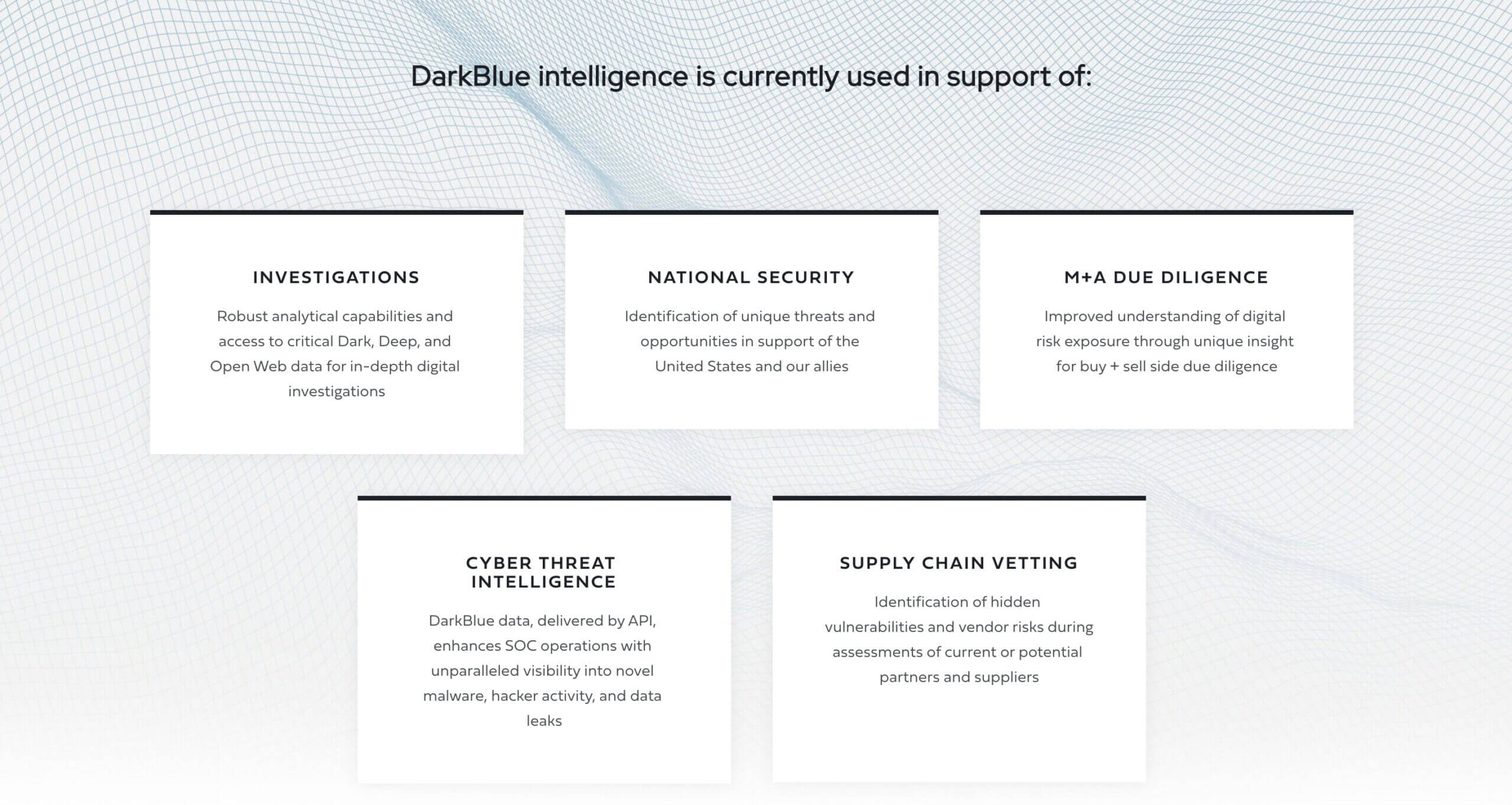 A screenshot of the DarkBlue website outlining some of the product's main use cases.