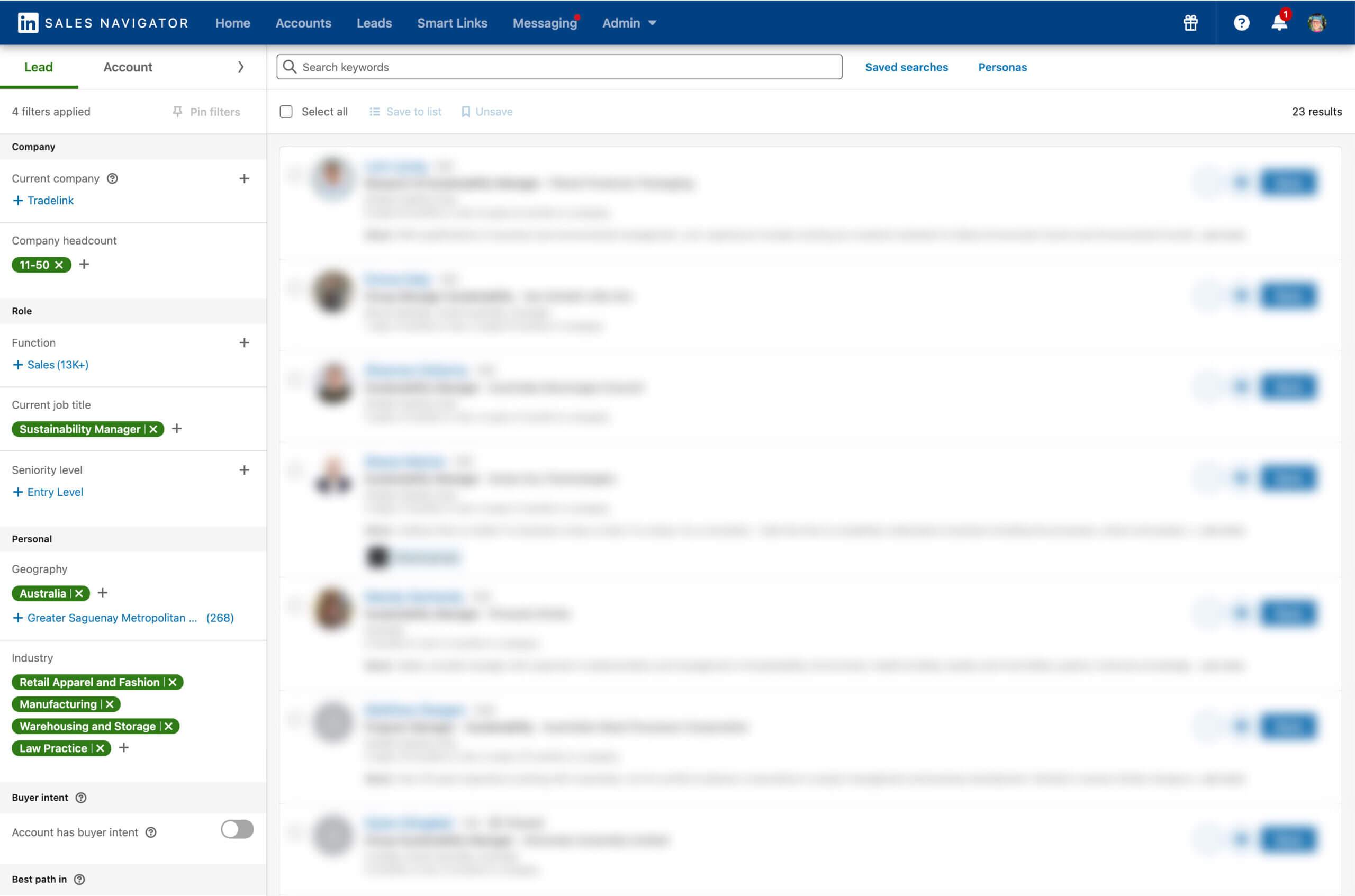 A screenshot from LinkedIn's Sales Navigator showing different filters such as company headcount, job title, and geography.