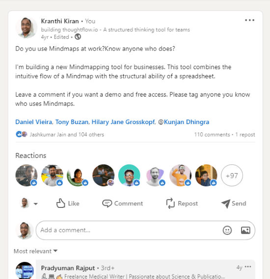 A screenshot of Kranthi's LinkedIn post where he asked his network to share their experience with mind maps.