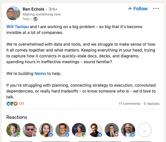 A screenshot of a LinkedIn post where Ben describes the problem of being overwhelmed with data and tools.