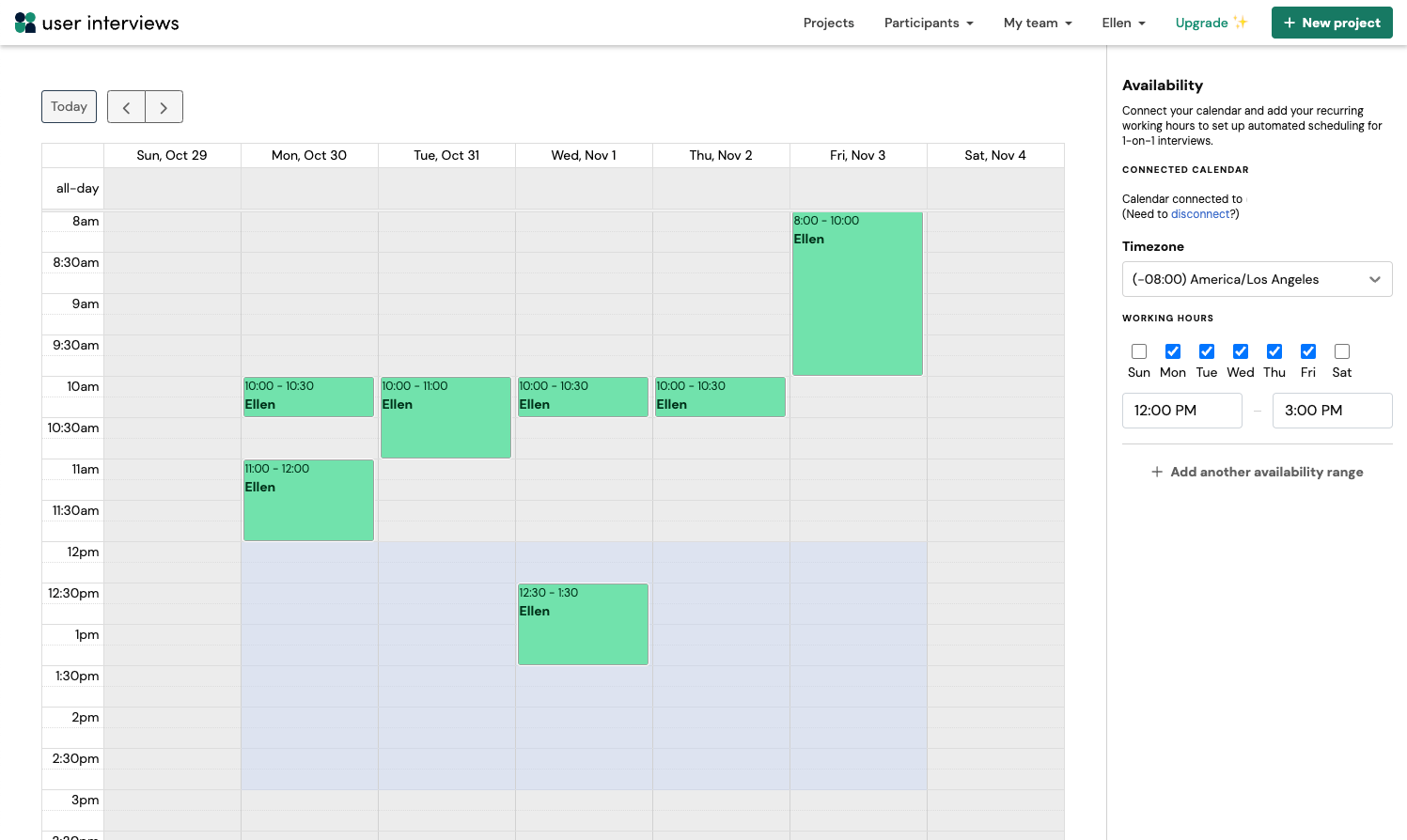 A screenshot of the calendar tool in UserInterviews, showing how you can show the days and times when you're available to conduct interviews.