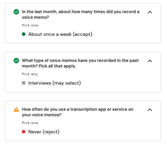 A screenshot of a few screener survey questions Ellen wrote within the UserInterviews tool.