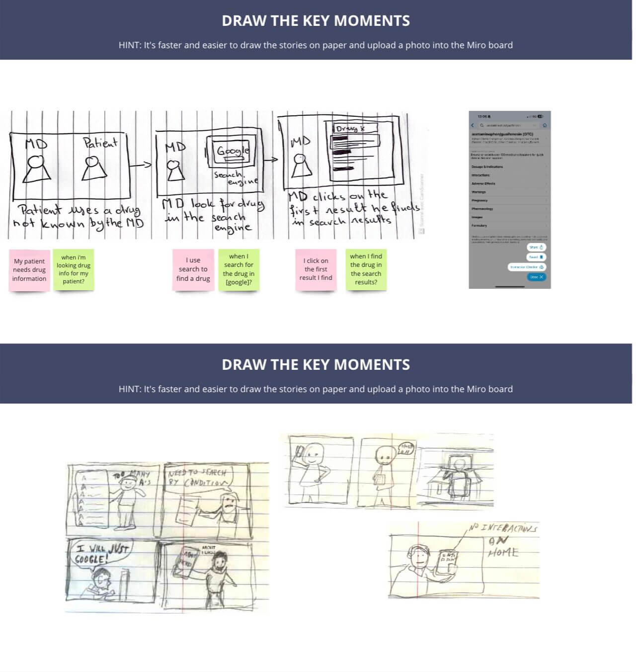 A screenshot from a Miro board labeled "Draw the Key Moments." There are several simple hand-drawn sketches that show different stages of the user's journey.