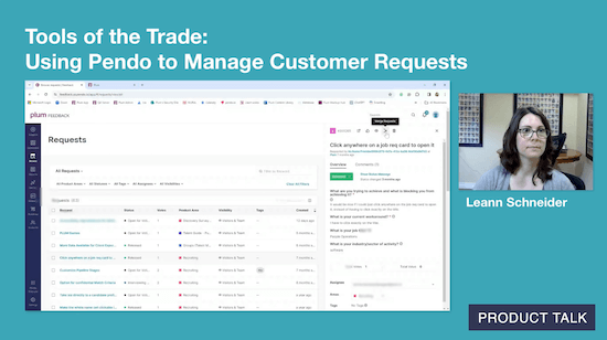 A screenshot from a video call where Leann is sharing a view from Pendo Feedback that includes the specific request someone submitted along with their answers to the different prompts and questions.