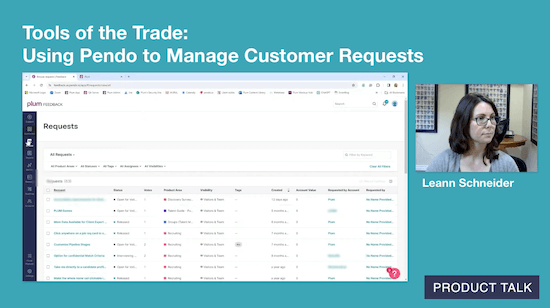 A screenshot from a video call where Leann is sharing the list of requests that have been captured in Pendo's Feedback feature.