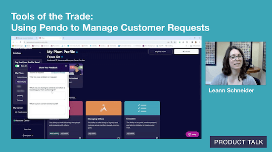 A screenshot from a video call where Leann is showing the "share your feedback" form in Plum, which includes a list of questions and prompts.