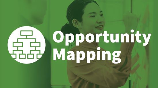 An image showing a person with a marker in hand, writing or drawing on a clear surface with diagrams or notes, with the phrase "Opportunity Mapping" alongside a diagram icon.