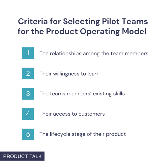 A visual list titled "Criteria for Selecting Pilot Teams for the Product Operating Model," highlighting five factors: team relationships, willingness to learn, existing skills, access to customers, and product lifecycle stage.