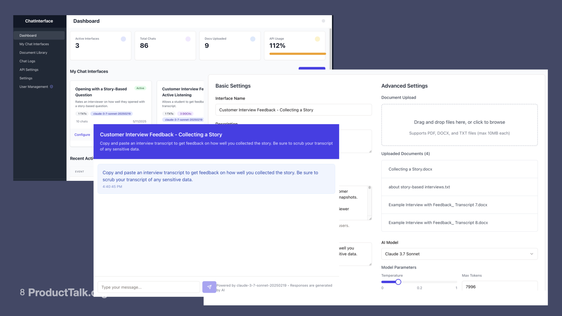 Screenshot of a dashboard showing active chat interfaces, document uploads, and API usage. Includes settings for an interface called "Customer Interview Feedback – Collecting a Story," with areas to upload documents, adjust AI model parameters, and paste interview transcripts for feedback.
