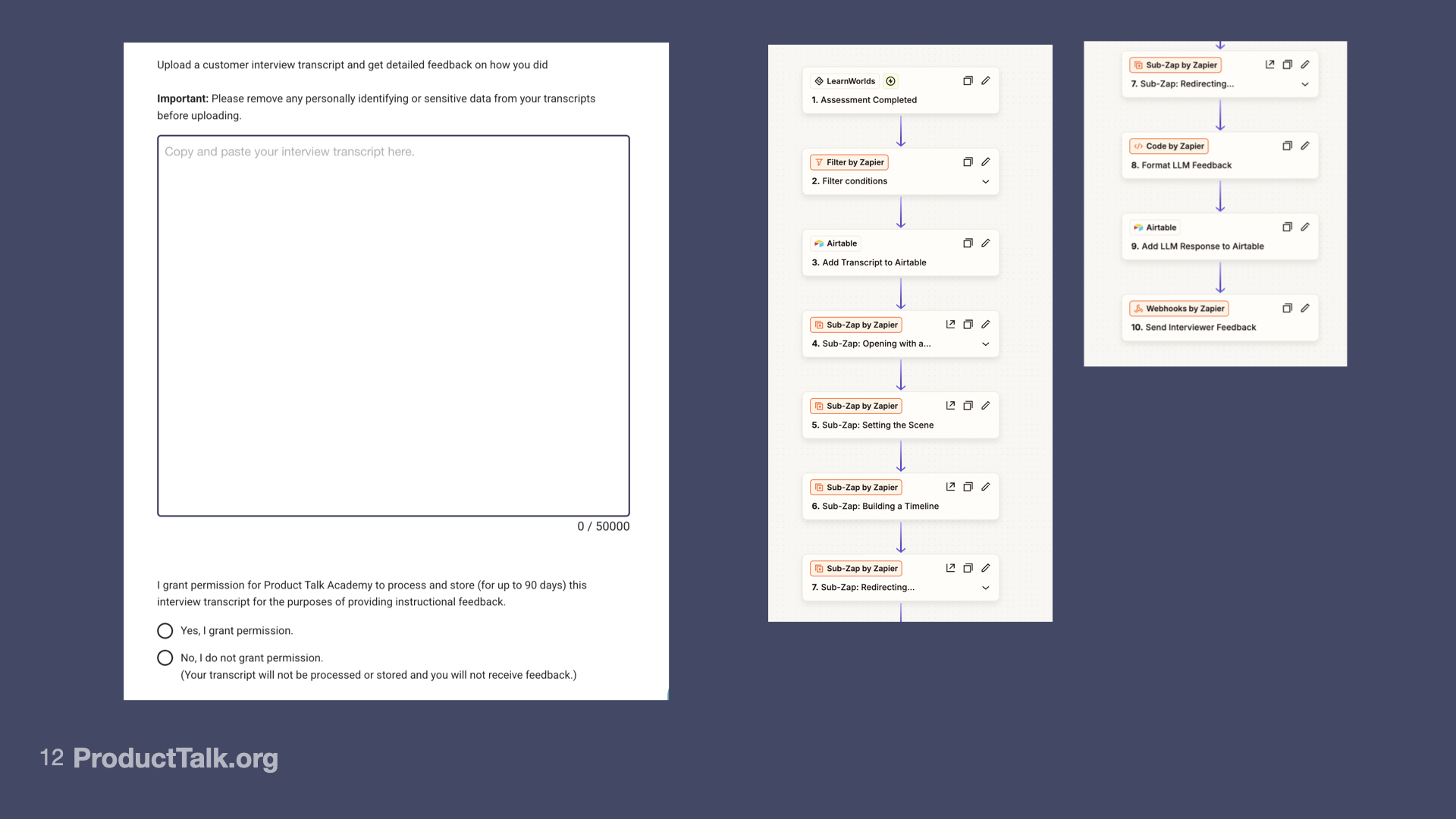 Screenshot showing a Product Talk interface for uploading customer interview transcripts, with permission options for storing data. Next to it is a multi-step Zapier automation flow for processing the transcript, analyzing it with an LLM, storing results in Airtable, and sending interviewer feedback.
